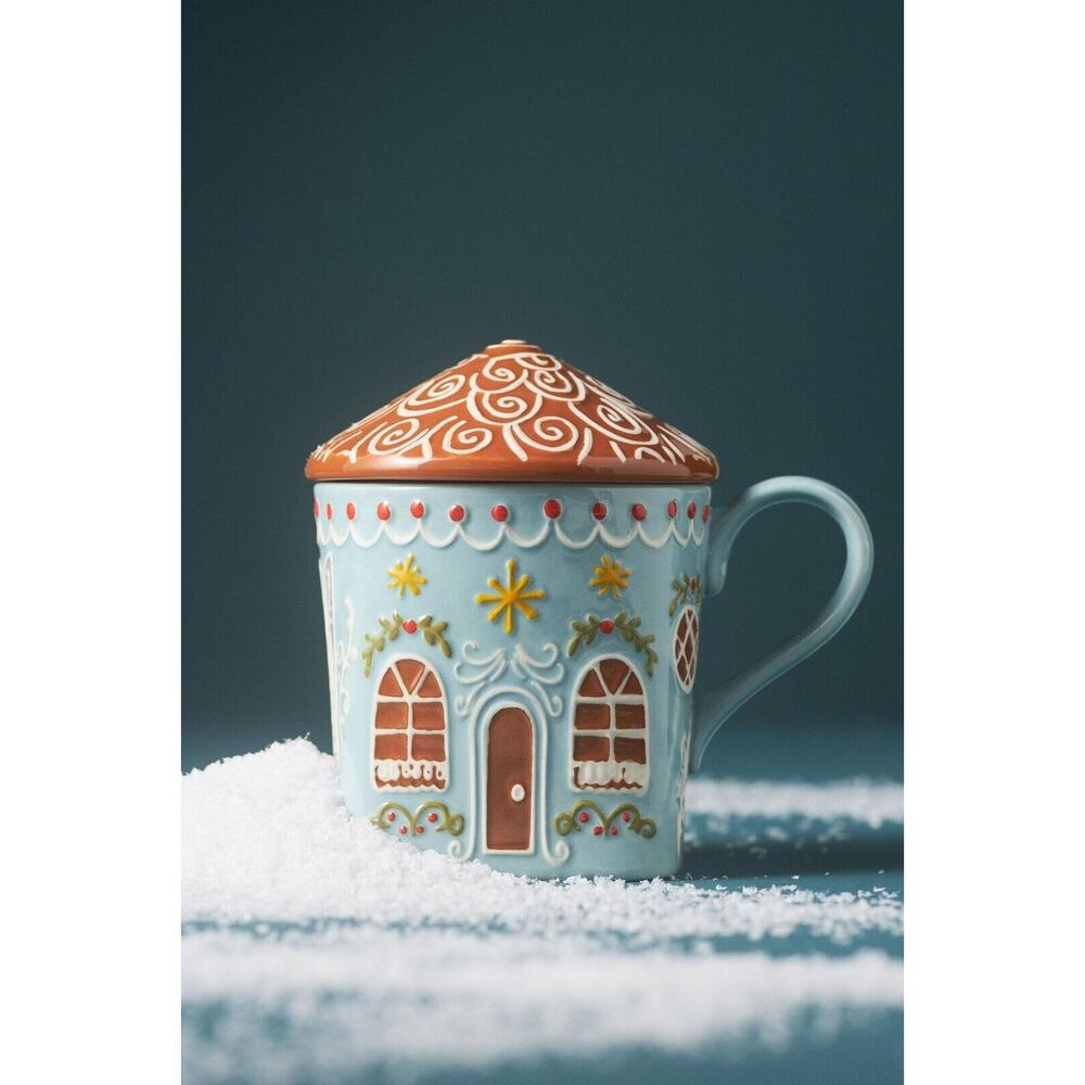 Anthropologie Ginger Stoneware Mug Light Blue New Lidded Gingerbread Cup NWT